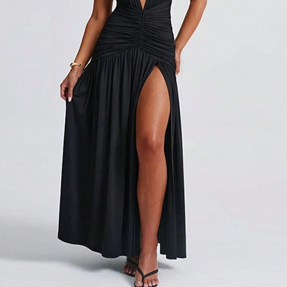 Black Elegant Women's Round Neck Sleeveless Sexy Split Dress - Picture 3 of 5